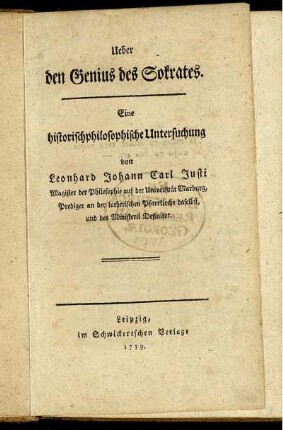 Ueber den Genius des Sokrates : Eine historischphilosophische Untersuchung