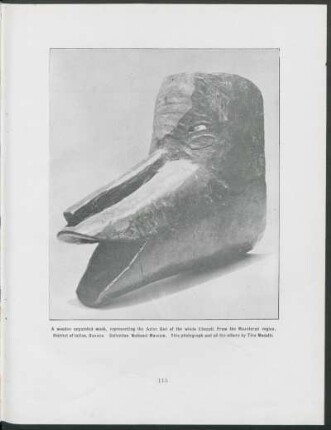 [Photograph of] A wooden unpainted mask, representing the Aztec God of the winds Ehecatl. : From the Mazatecan region, District of Ixtlan, Oaxaca. Collection National Museum. This photograph and all the others by Tina Modotti.
