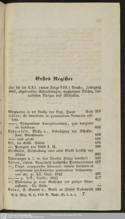 Erstes Register über die im XXI. (neuer Folge VIII.) Bande, Jahrgang 1843, abgedruckten Abhandlungen, angezeigten Bücher, literarischen Notizen und Miscellen
