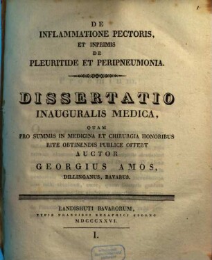 De inflammatione pectoris, et inprimis de pleuritide et peripneumonia : Diss. inaug. med.