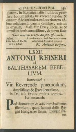 LXXII. Antonii Reiseri ad Balthasarem Bebelium
