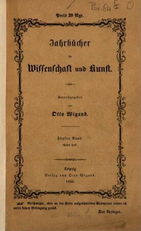 Jahrbücher für Wissenschaft und Kunst. 5, 5. 1856