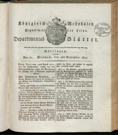 Nro. 71. Mittwoch, den 2ten September 1812 [-] Nro. 800. Sonnabend, den 3ten October 1812