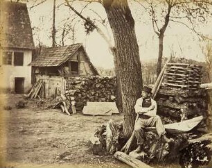 Ländliche Studien und Schiffe auf dem Neckar: Hütte mit Baumstamm und Staffage