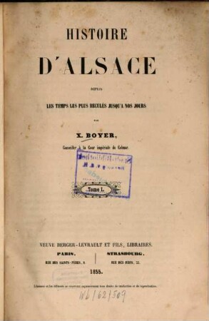 Histoire d'Alsace depuis les temps les plus réculés jusqu'à nos jours, 1