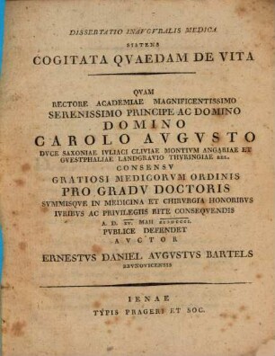 Diss. inaug. med. sistens cogitata quaedam de vita