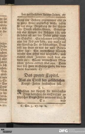 Das zweyte Capitel. Was ein Christ bey gefährlichen Kriegs-Zeiten beobchten soll.