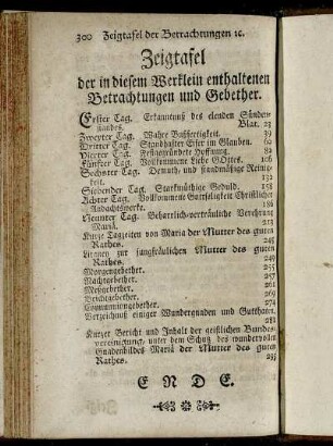 Zeigtafel der in diesem Werklein enthaltenen Betrachtungen und Gebether.