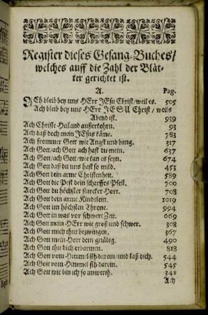 Register dieses Gesang-Buches/ welches auff die Zahl der Blätter gerichtet ist.