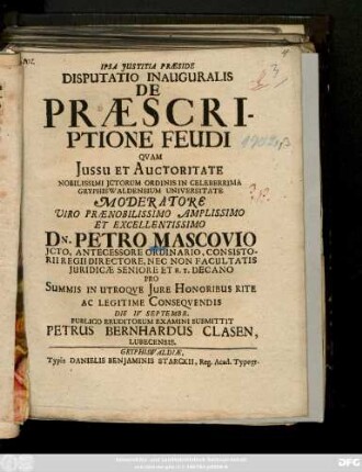 Disputatio Inauguralis De Præscriptione Feudi
