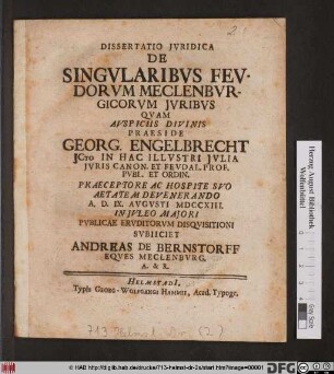 Dissertatio Jvridica De Singvlaribvs Fevdorvm Meclenbvrgicorvm Jvribvs