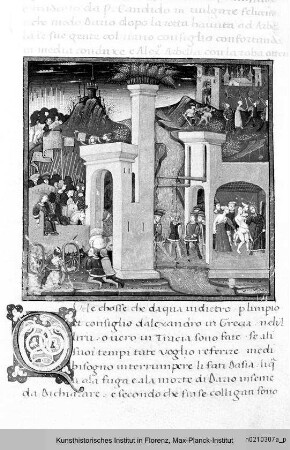 Plutarch: Vita Alexanders des Großen : Textseite mit ornamentaler Initiale (Q) und Miniatur: Einzug Alexanders in eine Stadt