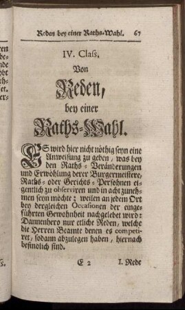IV. Class. Von Reden, bey einer Raths-Wahl. - V. Class. Von Reden, Bey Gräntz- und Marckungs-Besuchungen.