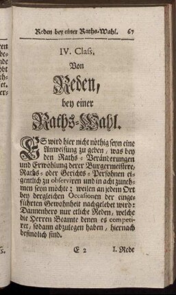 IV. Class. Von Reden, bey einer Raths-Wahl. - V. Class. Von Reden, Bey Gräntz- und Marckungs-Besuchungen.