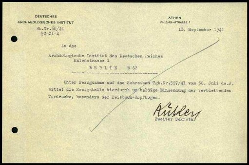 Schreiben (Abschrift); DAI Athen an AIDR (Vordrucke)