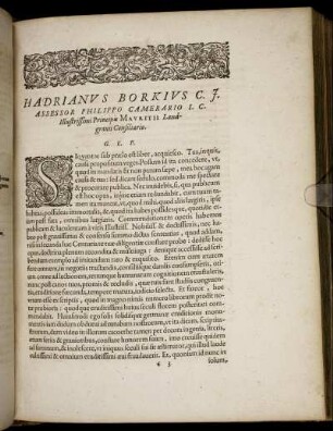 Hadrianus Borkius C. J. Assessor Philippo Camerario I. C. Illsutrissimi Principis Mauritii Landgravii Consiliario.
