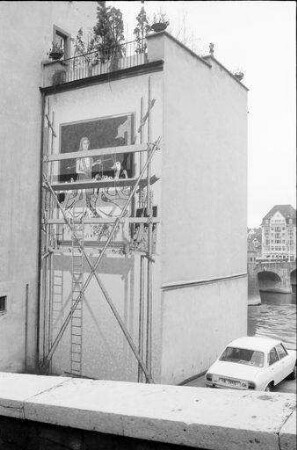Basel: Gerüstbemalung an Hausfassade [Wandbild], Rheinsprung