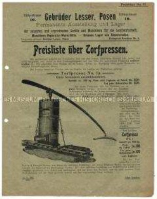 Preisliste über Torfpressen