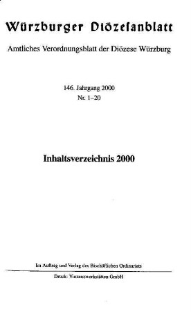 Würzburger Diözesanblatt : amtliches Verordnungsblatt der Diözese Würzburg. 146. 2000
