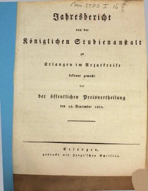 Jahresbericht über die Königliche Studienanstalt zu Erlangen : für das Studienjahr .... 1822