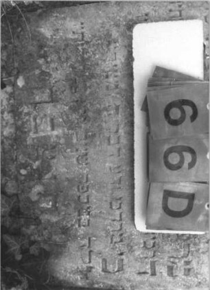 Grabstein 66 (Index: 99786693) Zustand: Inschrift z. T. abgeblättert Besonderheit: kulturhistorisch wertvoll / künstl.-formale Gründe (Inschrift); - keine Maßangaben: Grabstein 66D