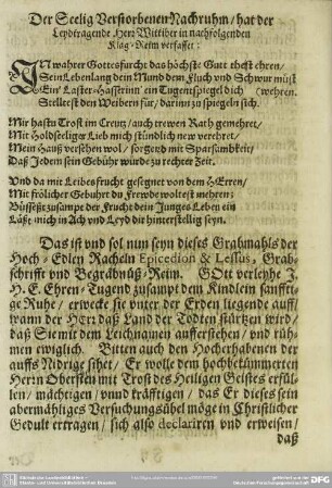 Der Seelig Verstorbenen Nachruhm, hat der Leydtragende Herr Wittiber in nachfolgenden Klag-Reim verfasset