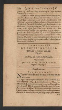 Disputatio XVI. De Emptione-Venditione, & locatione-conductione ... Respondente Justo Zinzerlingio Eschenbergensi Thyringio