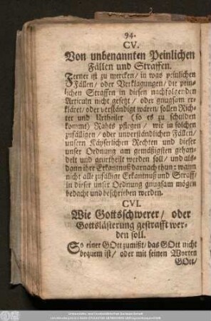 CV. Von unbenannten Peinlichen Fällen und Straffen.