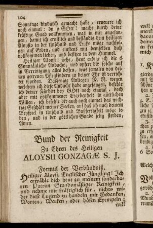 Bund der Reinigkeit Zu Ehren des Heiligen Aloysii Gonzagae S. J.