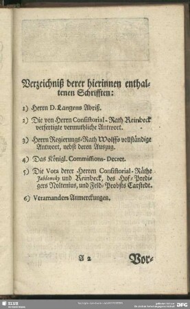 Verzeichniß derer hierinnne enthaltenen Schrifften