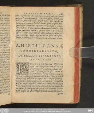 A. Hirtii Pansae Commentariorum, De Bello Hispaniensi, Liber Unus.