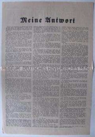 Sonderdruck der NSDAP mit dem Wortlaut einer Stellungnahme Hitlers zu seiner Verurteilung zu einer Gefängnisstrafe im Januar 1922
