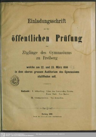 1866: Einladungsschrift zur öffentlichen Feier des Geburtsfestes Sr. Majestät des Königs Johann : am ...