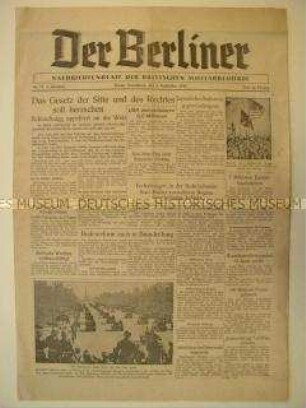 Tageszeitung der britischen Militärbehörde für die Berliner Bevölkerung u.a. zur Besetzung Japans durch die Alliierten nach der Kapitulation