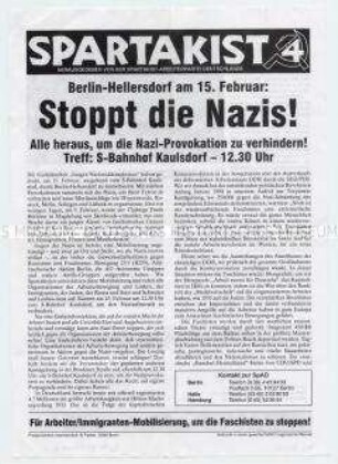 Flugblatt der Spartakist-Arbeiterpartei Deutschlands mit einem Aufruf zu einer Demonstration gegen einen geplanten Aufmarsch von Neonazis in Berlin-Hellersdorf