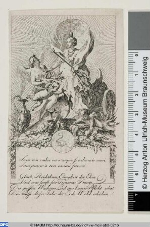 Kalenderblatt mit dem Sternzeichen Wassermann im Medaillon und der Juno begleitet von Engeln und zwei Pfauen