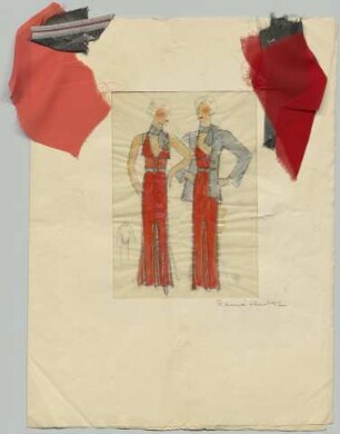 Zwei Figurinen und eine Detailansicht: Ein bodenlanges ärmelloses Kleid mit passender silberfarbener Jacke, mit Materialproben (Archivtitel)