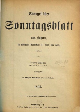 Evangelisches Sonntagsblatt aus Bayern. 1892