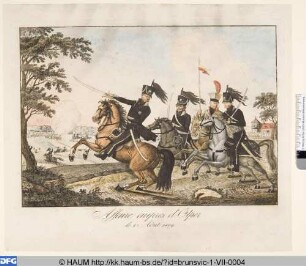 Affaire aupres d'Oelper le 1 Août 1809. [Friedrich Wilhelm, Herzog von Braunschweig-Lüneburg zu Pferde mit seinen Soldaten]