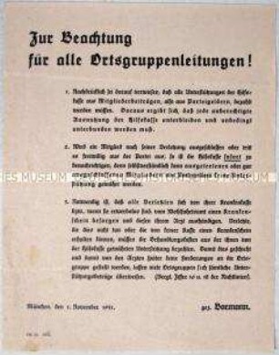 Merkblatt der NSDAP zur Hilfskasse