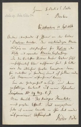Brief an Musikverlag Ed. Bote und G. Bock (Berlin) : 15.09.1866