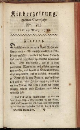 Kinderzeitung. Viertes Vierteljahr. Nro. VII. vom 14. May. 1781.