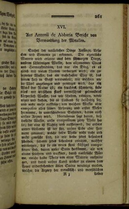 XVI. Aus Antonii de Abbatia Bericht von Verwandlung der Metallen.