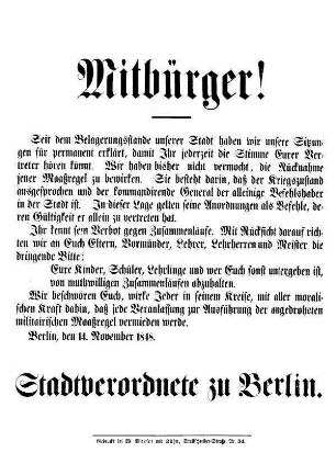 Mitbürger! Seit dem Belagerungsstande unserer Stadt haben wir unsere Sitzungen für permanent erklärt [...]