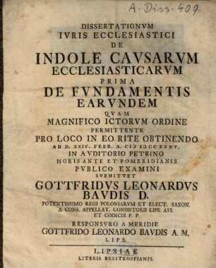 Dissertationum iuris ecclesiastici de indole causarum ecclesiasticarum prima, de fundamentis earundem