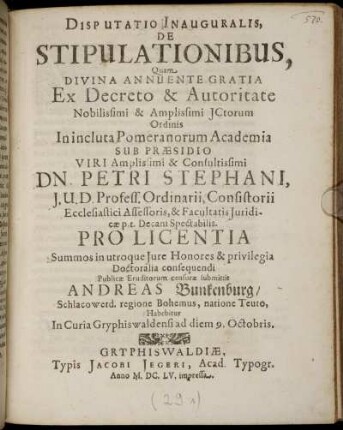 Disputatio Inauguralis, De Stipulationibus