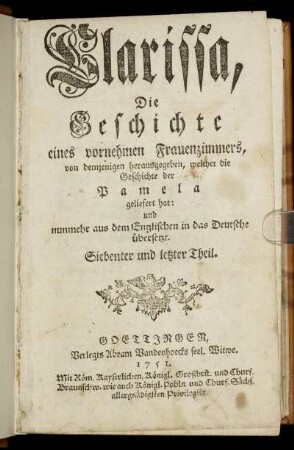 Theil 7: Clarissa, Die Geschichte eines vornehmen Frauenzimmers. Siebenter und letzter Theil