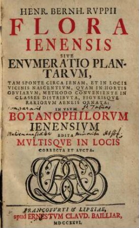 Henr. Bernh. Rvppii Flora Ienensis sive envmeratio plantarvm, tam sponte circa Ienam, et in locis vicinis nascentivm, qvam in hortis obviarvm, methodo conveniente in classes distribvta, figvrisqve rariorvm aeneis ornata : Methodo Conveniente In Classes Distributa, Figurisque Rariorum Aeneis Ornata