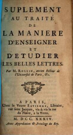 Suplement Au Traité De La Manière D'Enseigner Et D'Etudier Les Belles Lettres