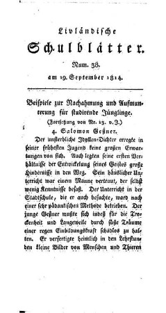 Beispiele zur Nachahmung und Aufmunterung für studierende Jünglinge : (Fortsetzung von Nr. 13 v. J.)